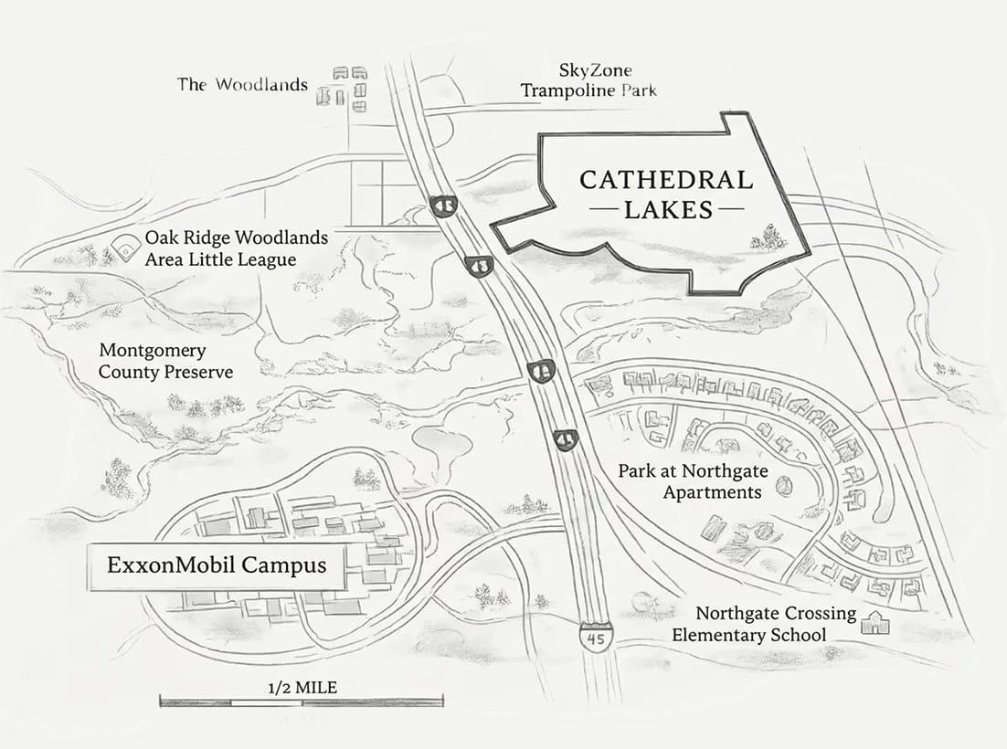 Illustrated area map showing Cathedral Lakes near The Woodlands, the ExxonMobil Campus, and Interstate 45