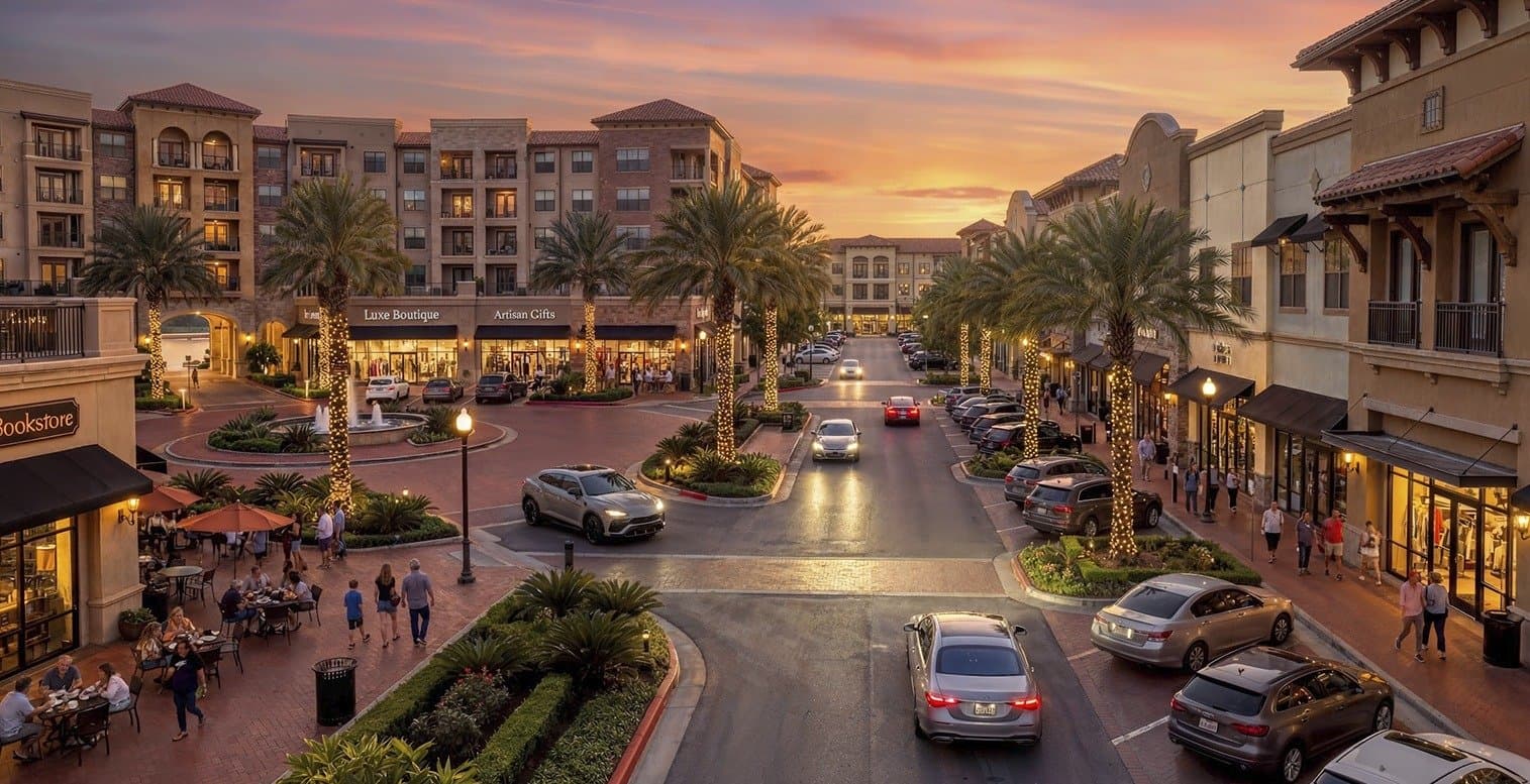 Lively Cathedral Lakes street at dusk lined with shops, palm trees, and boutiques