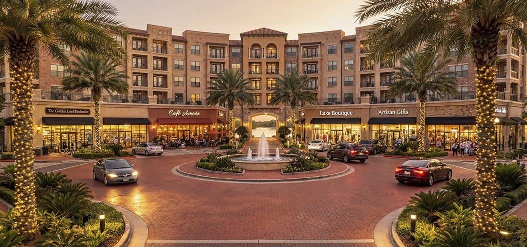 Cathedral Plaza retail circle with a fountain at dusk