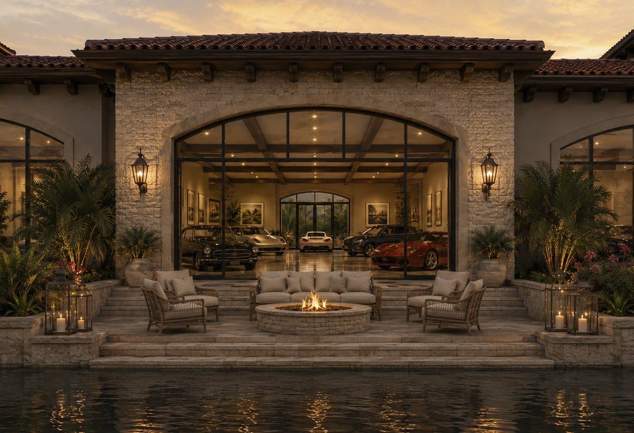 Showroom facade with a grand glass arch and a waterfront patio with fire feature