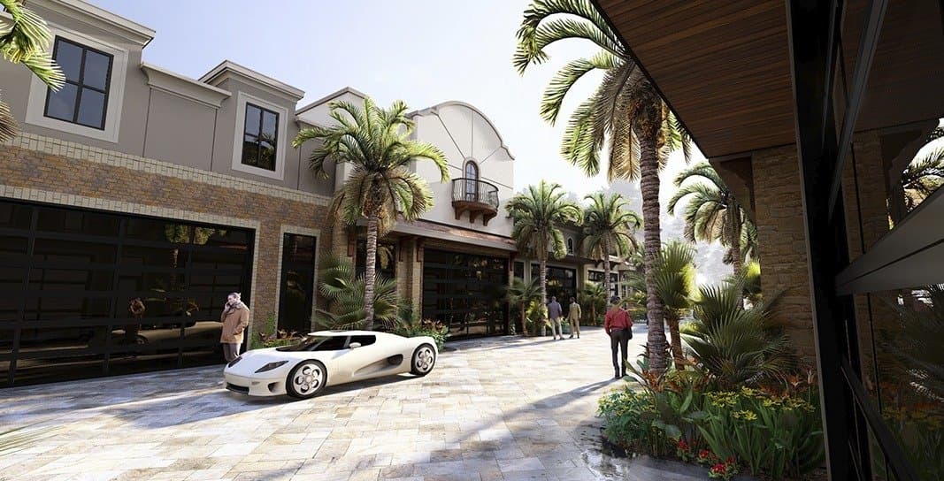 Supercar in a palm-lined mews between showrooms