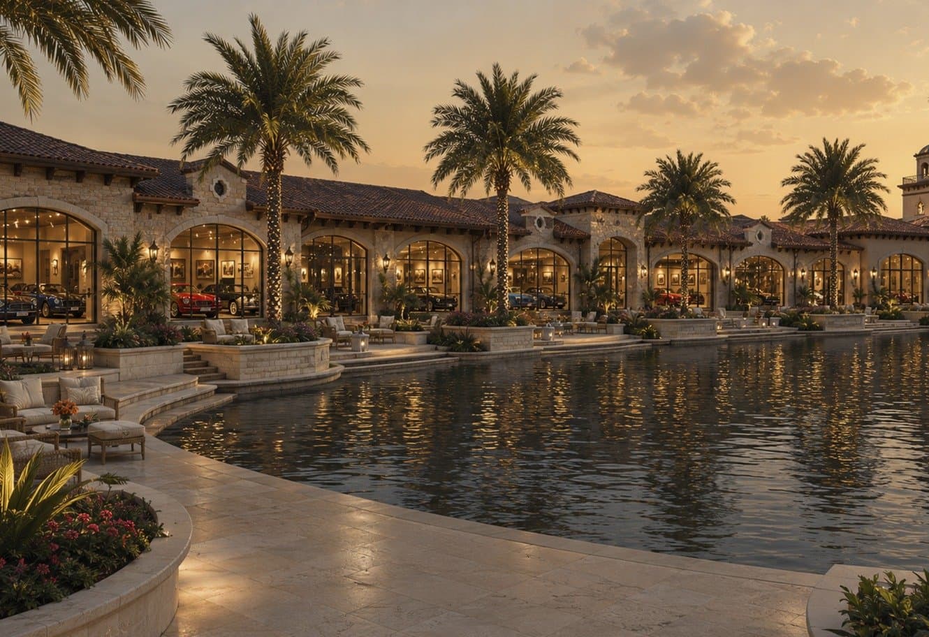 Arched waterfront promenade of showrooms along Cathedral Lake at sunset